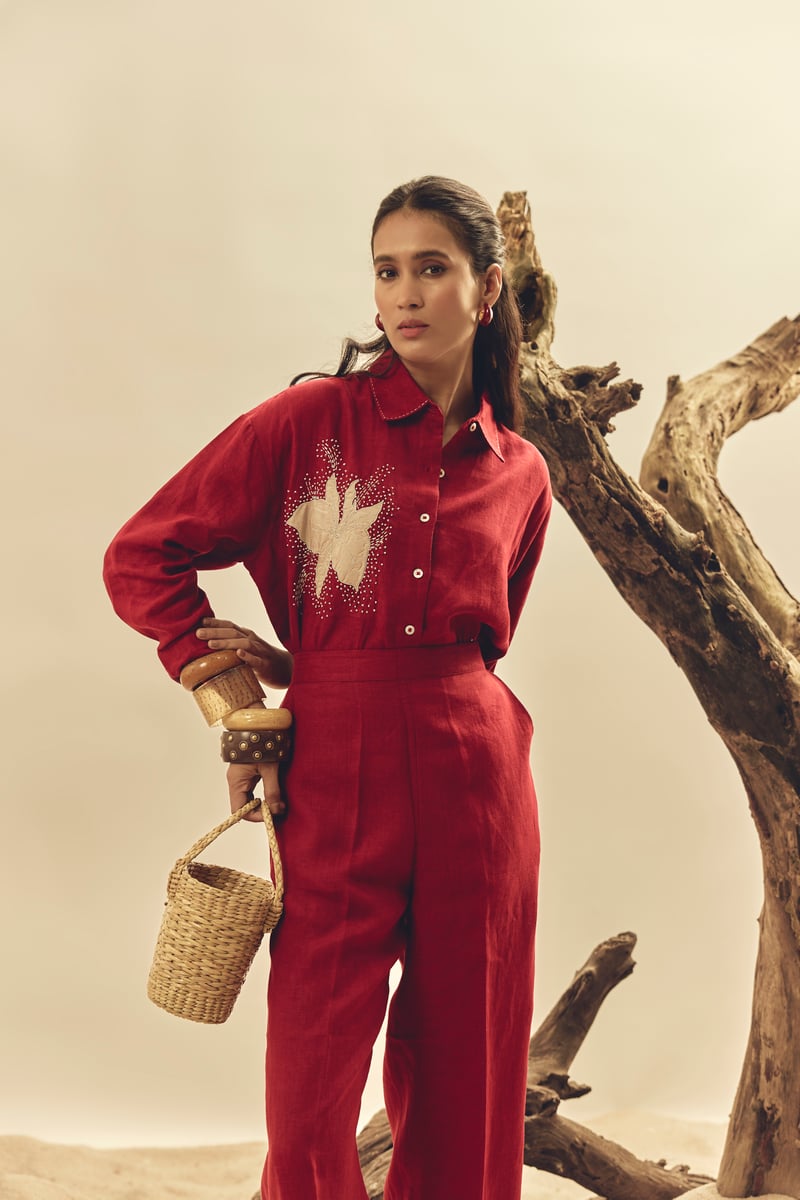 Crimson Linen Shirt and Trousers Co-ord Set