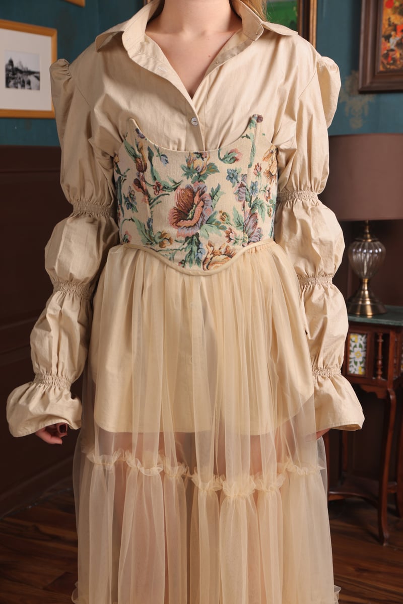 Beige Cotton Bubble Sleeve Collared Shirt