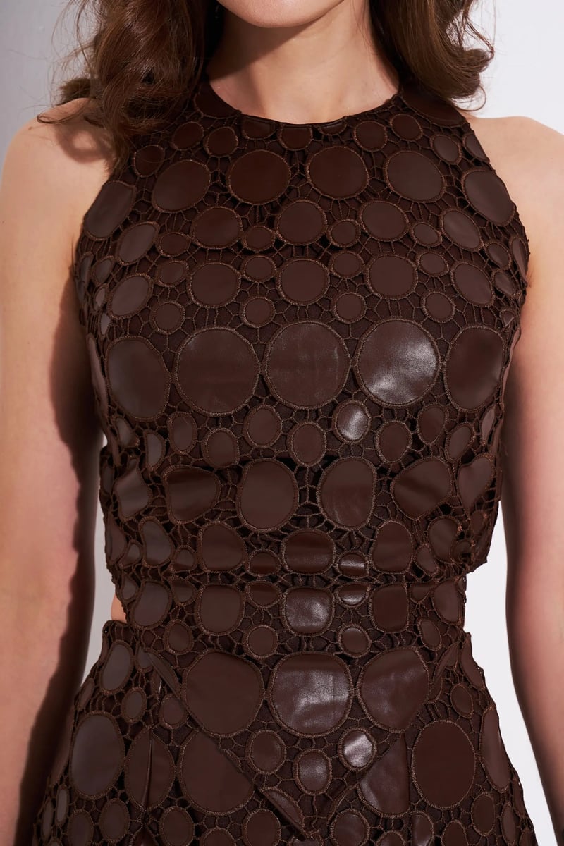 Brown Faux Leather Cutwork Scarf-Hem Crop Top