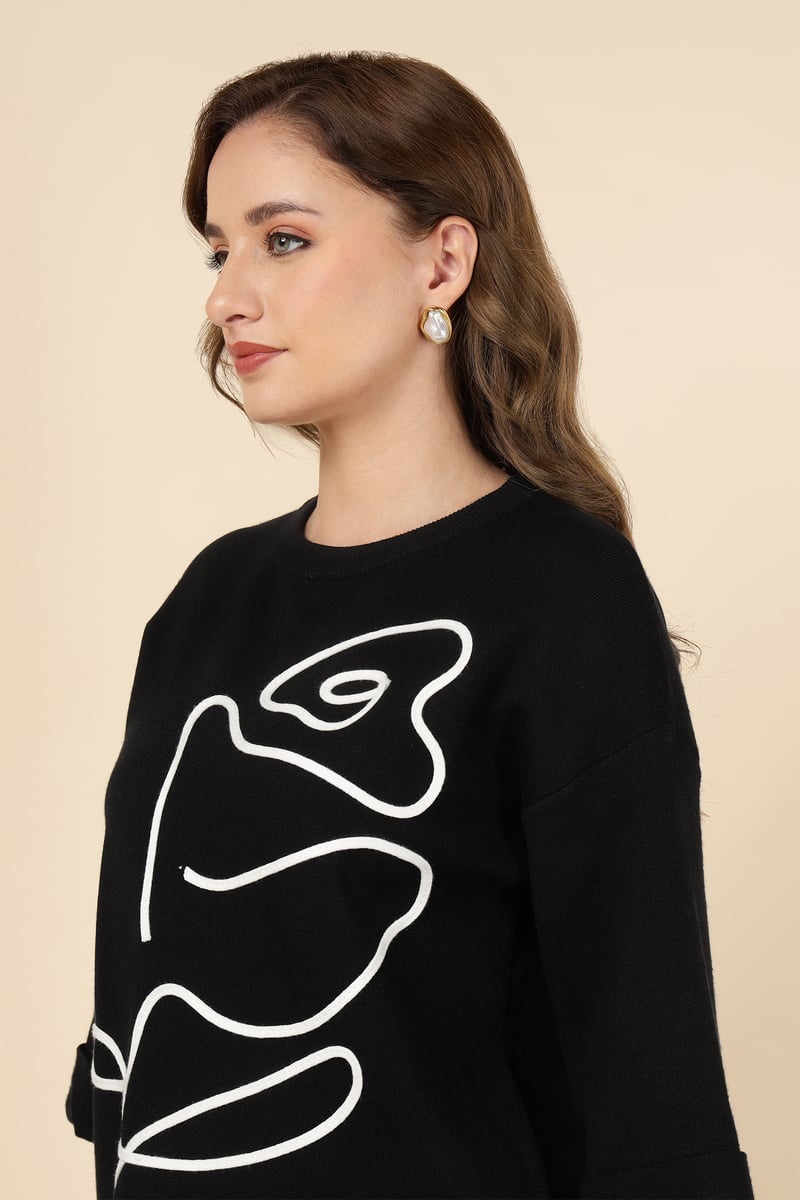 Black Graphic Knit Top and Midi Skirt Co-ord Set