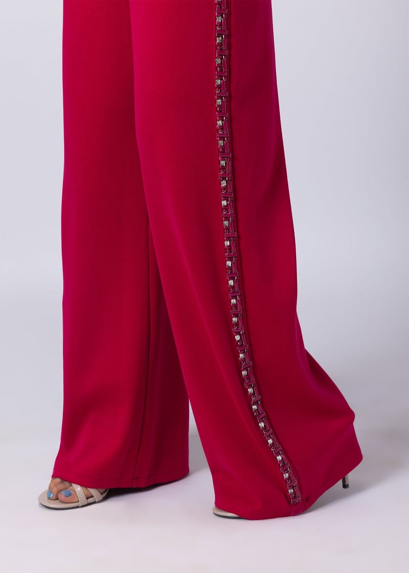 Raspberry Pink V-Neck Wide-Leg Jumpsuit with Rhinestones