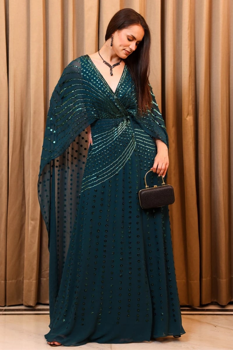 Green Sequin Cape Maxi Gown