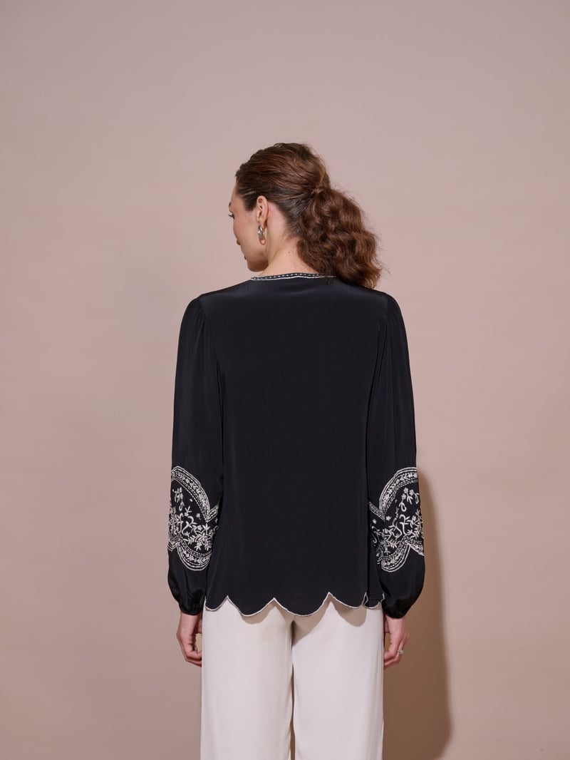 Black Embroidered Tie-Up Neck Flowy Top