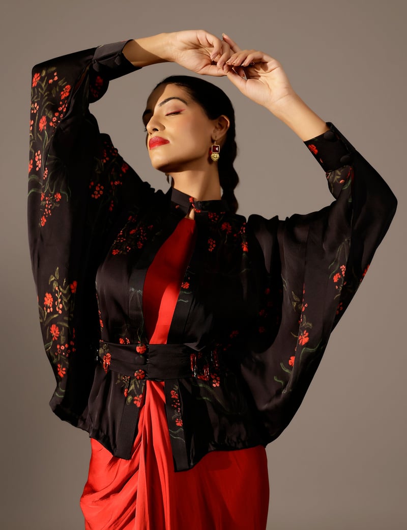 Maroon Black Draped Maxi Gown Set with Kimono and Belt