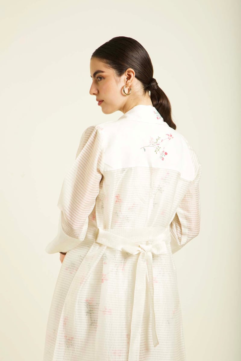 Ivory Floral Printed Linen Jumpsuit with Organza Jacket Set