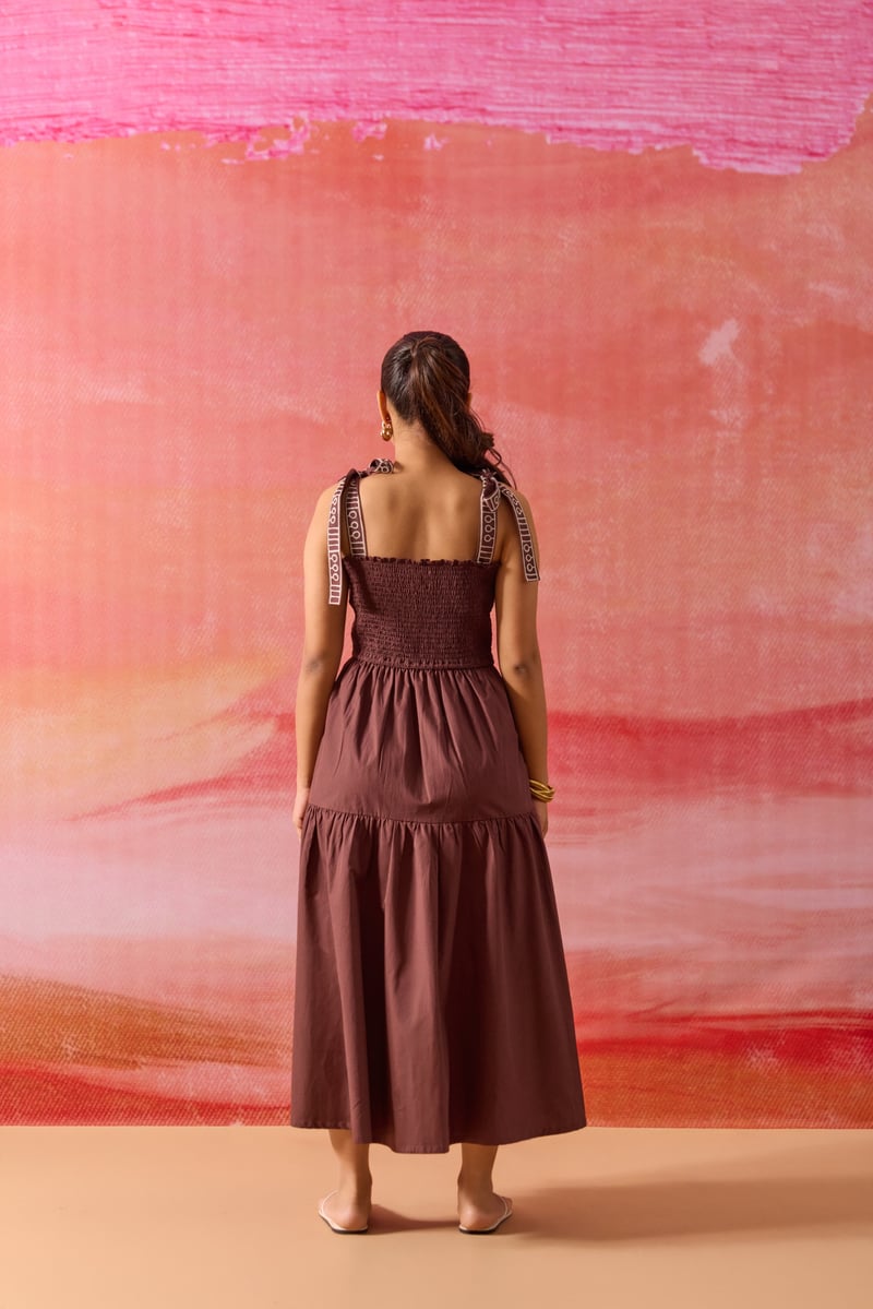 Brown Smocked Tiered Midi Dress with Embroidered Hem