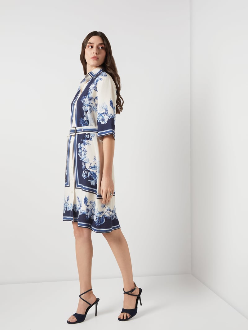Cream and Navy Colorblock Floral Belted Shirt Dress