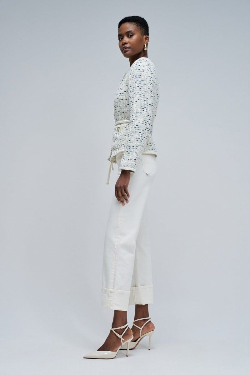 Pearl Tweed-Textured Belted Button-Front Coat