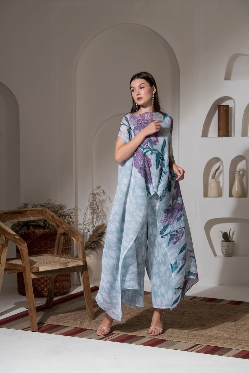 Blue Floral Kaftan and Wide-Leg Pant Co-ord Set