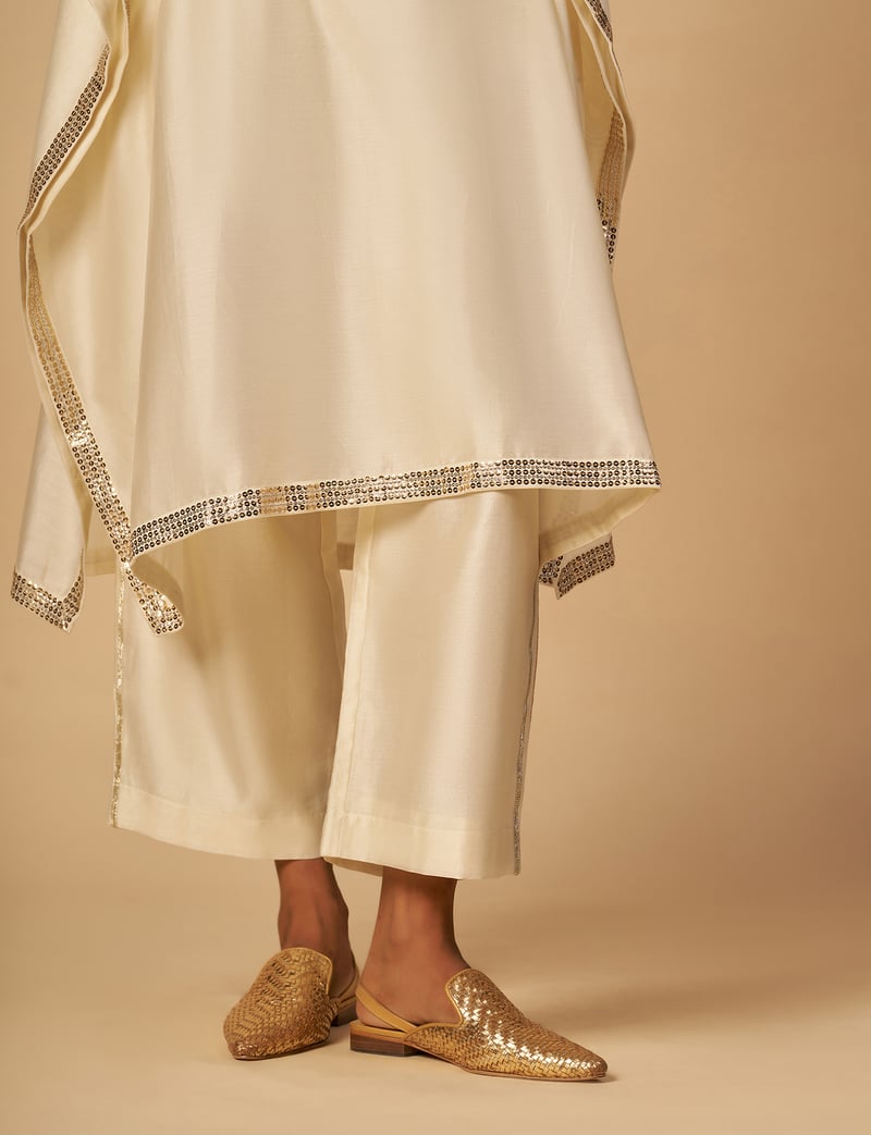 Off White Chanderi Wide-Leg Festive Trousers