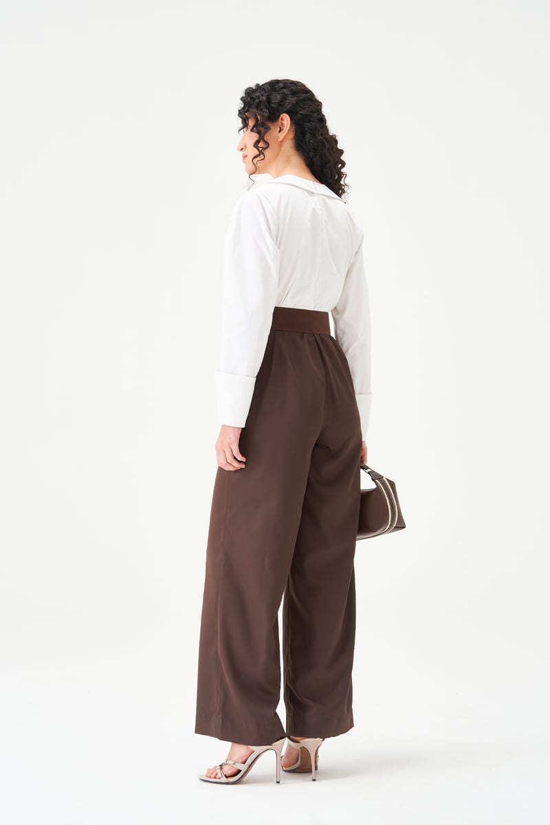 White and Brown Colorblocked Belted Wide-Leg Jumpsuit