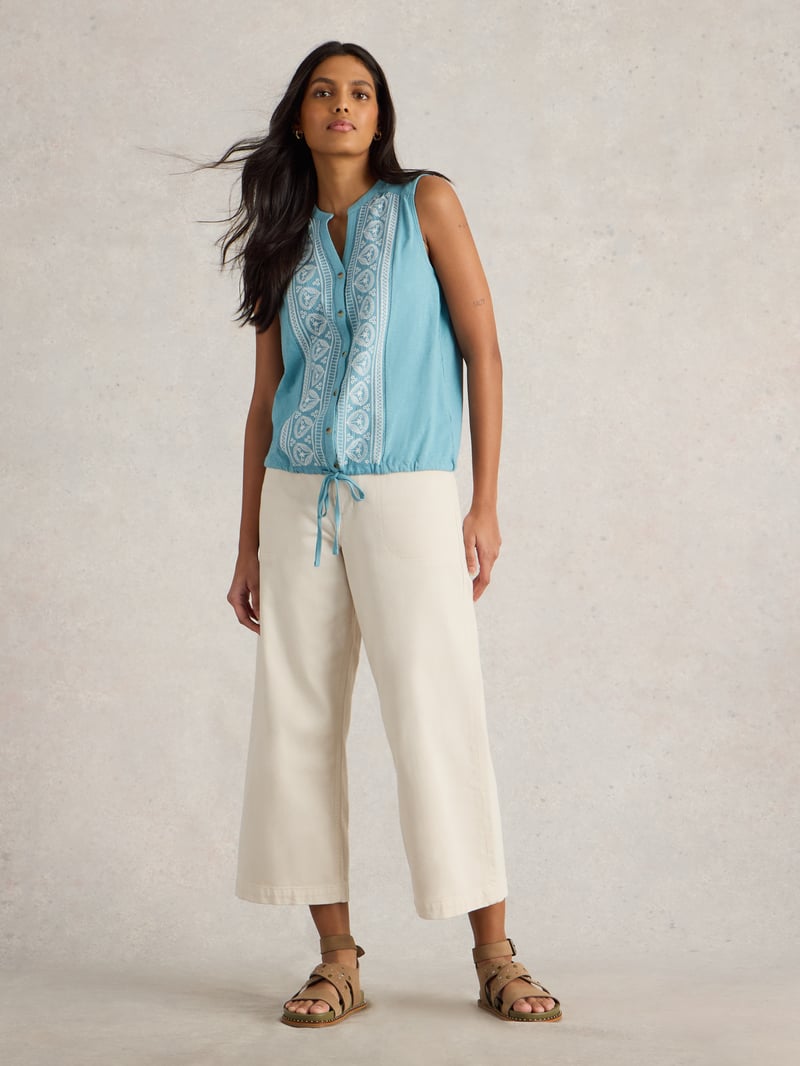 Mid Blue Sleeveless Embroidered Shirt with Hem Tie — White Stuff