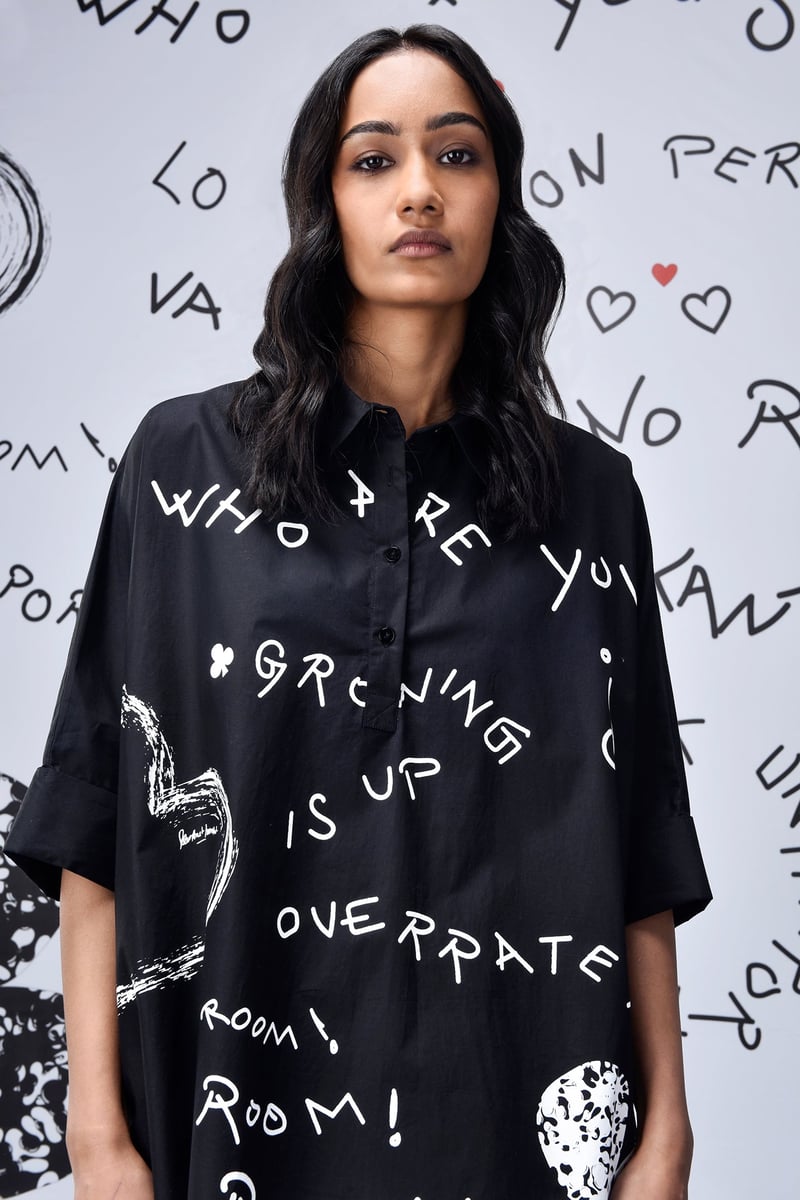 Black Oversized Scribble Print Poplin Shirt