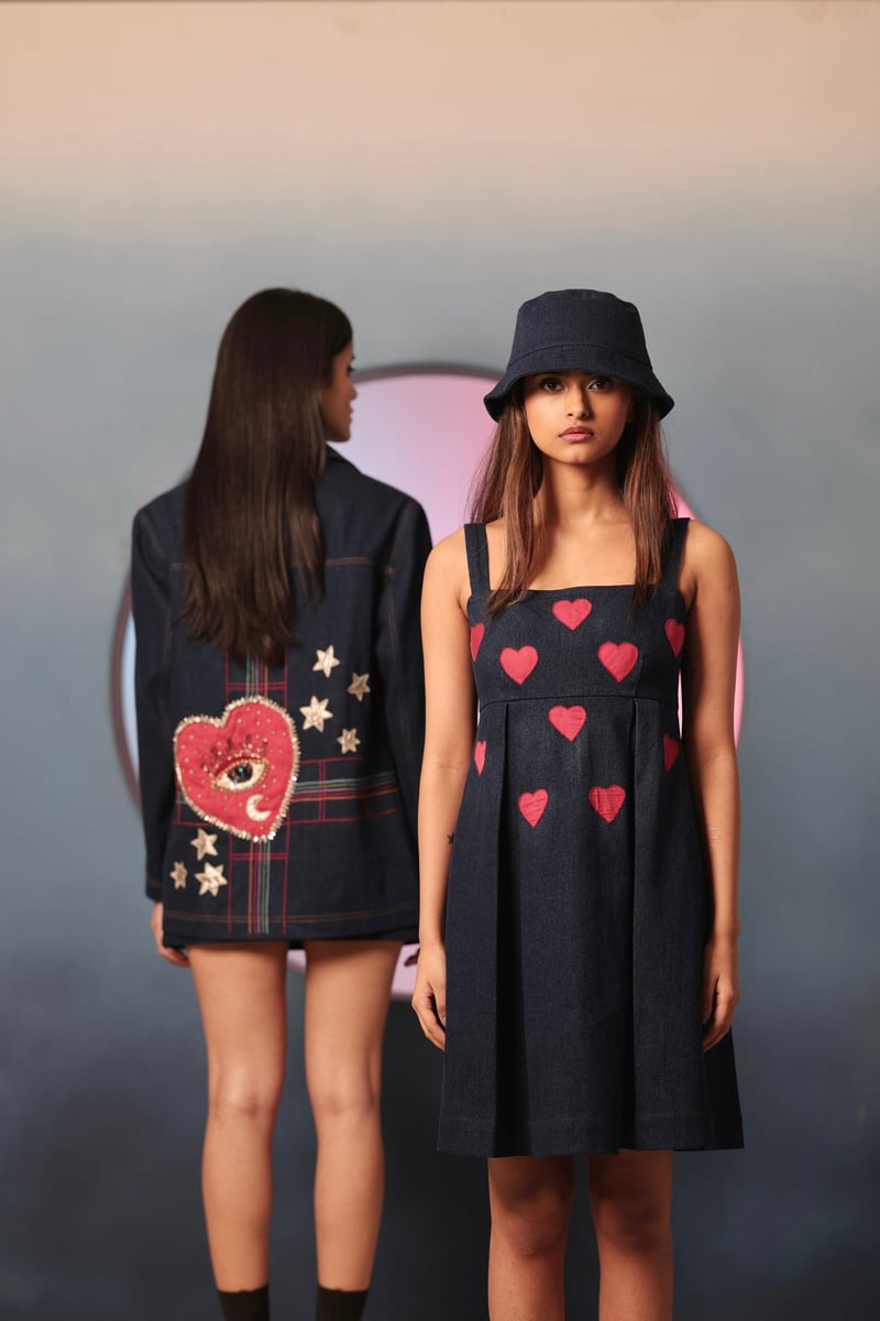 Blue Denim Square Neck Mini Dress with Heart Motif