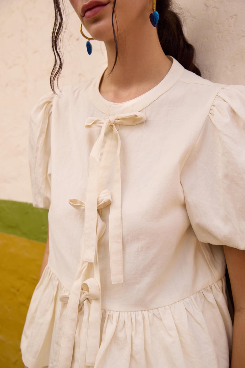 Off White Beige Front Tie-Up Peplum Top