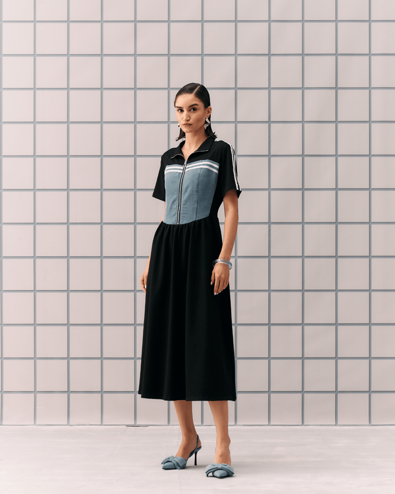 Black Colorblock Zip-Front Collared Midi Dress