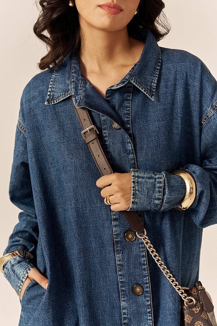 Blue Denim Relaxed Shirt Dress with Pockets