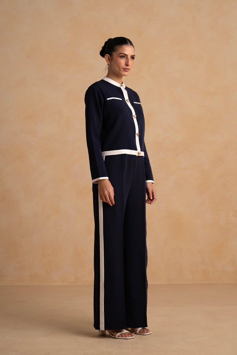 Navy Blue Contrast Trim Co-ord Set with Wide-Leg Pants