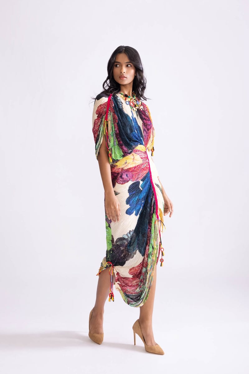 Multicolor Floral Micro-Pleated Kaftan Midi Dress