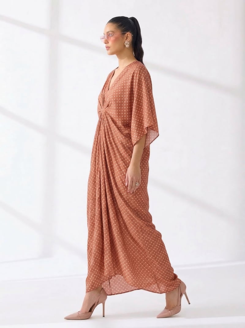 Rust Tessera Geometric Print Draped Maxi Kaftan