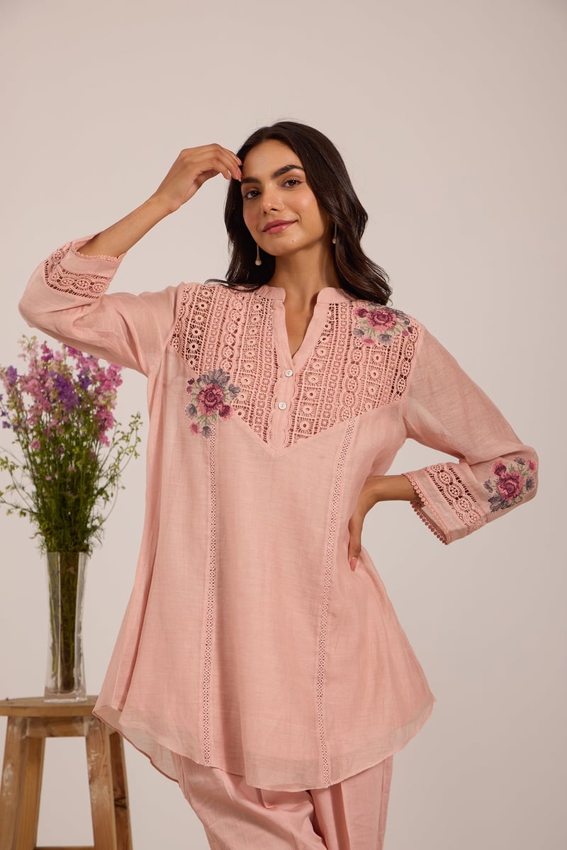 Pink Mul Chanderi Tunic and Straight Pant Co-ord Set