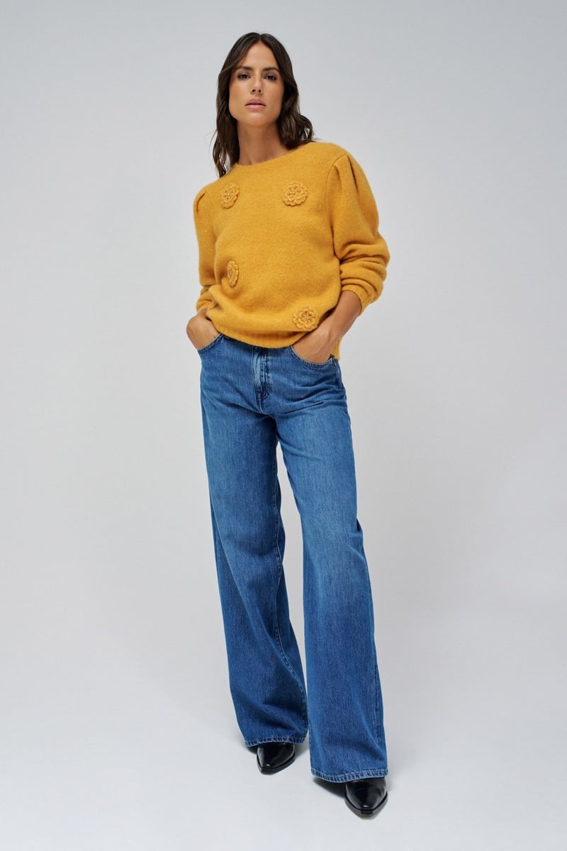 Mustard Crew-Neck Sweater with 3D Floral Appliques