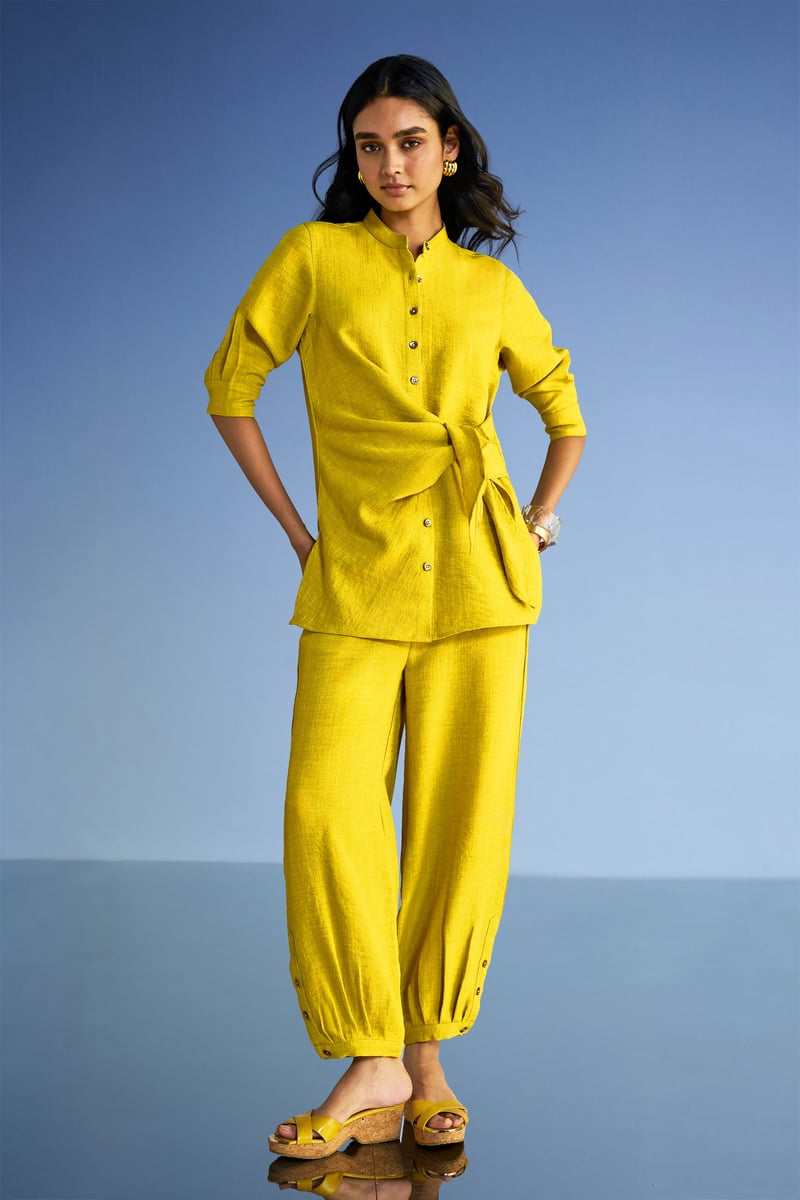 Chartreuse Linen-Blend Side-Tie Button-Down Longline Top