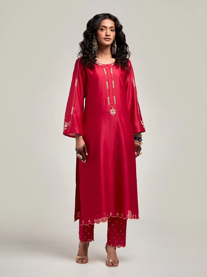 Red Silk Chanderi Embroidered Straight Kurta — Anantaa