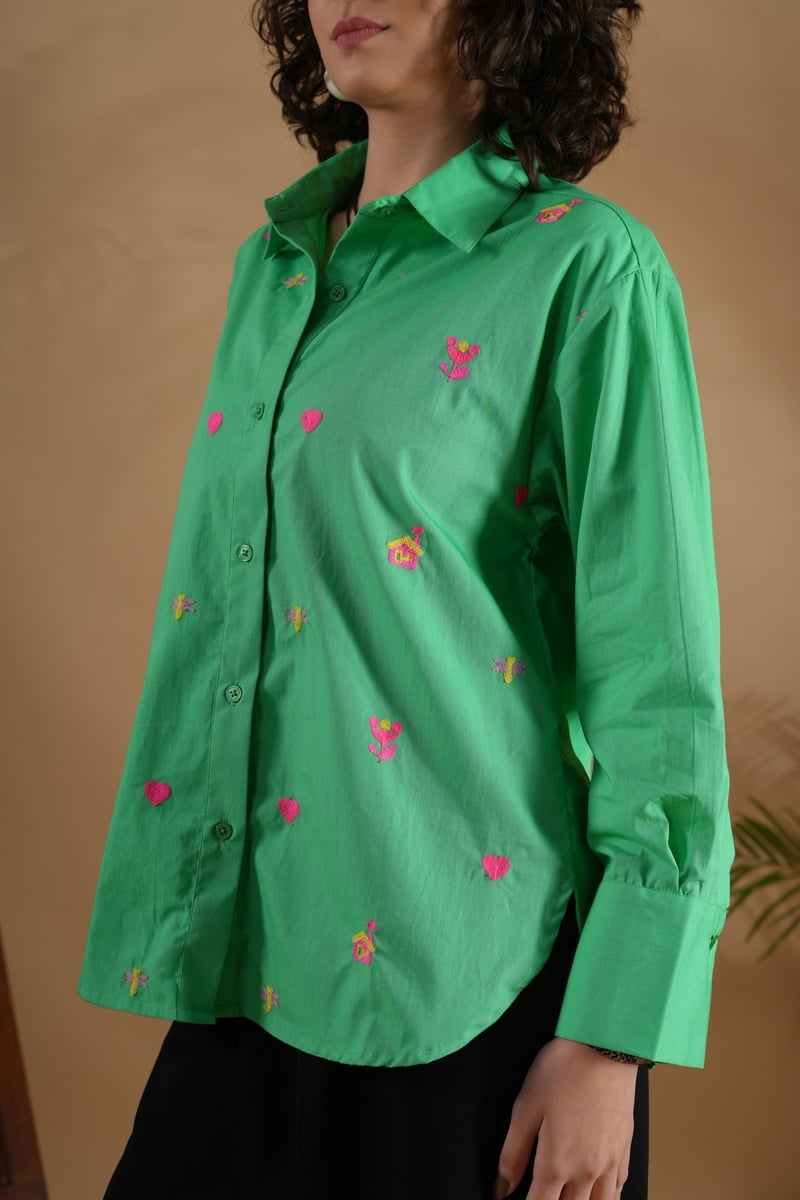 Green Oversized Embroidered Cotton Shirt