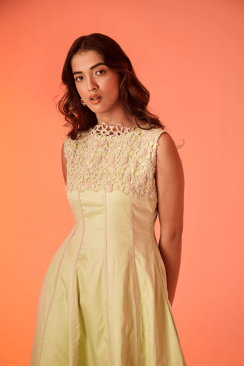 Leek Green Cotton Satin Lace Yoke Fit and Flare Midi Dress