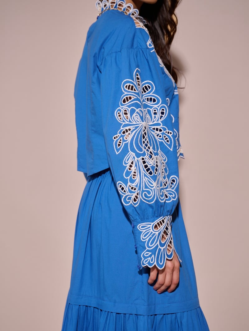 Blue Cotton Cutwork Embroidered Crop Top