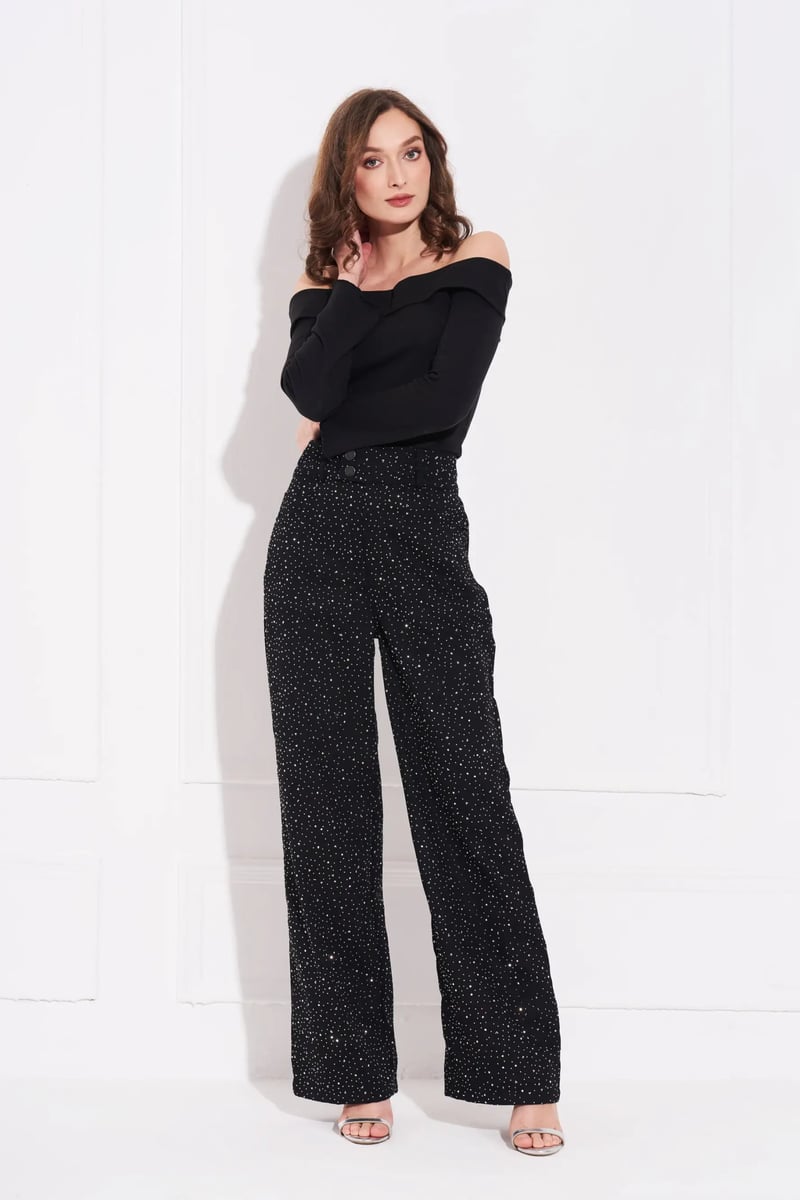 Black Crystal-Embellished Wide-Leg Denim Trousers