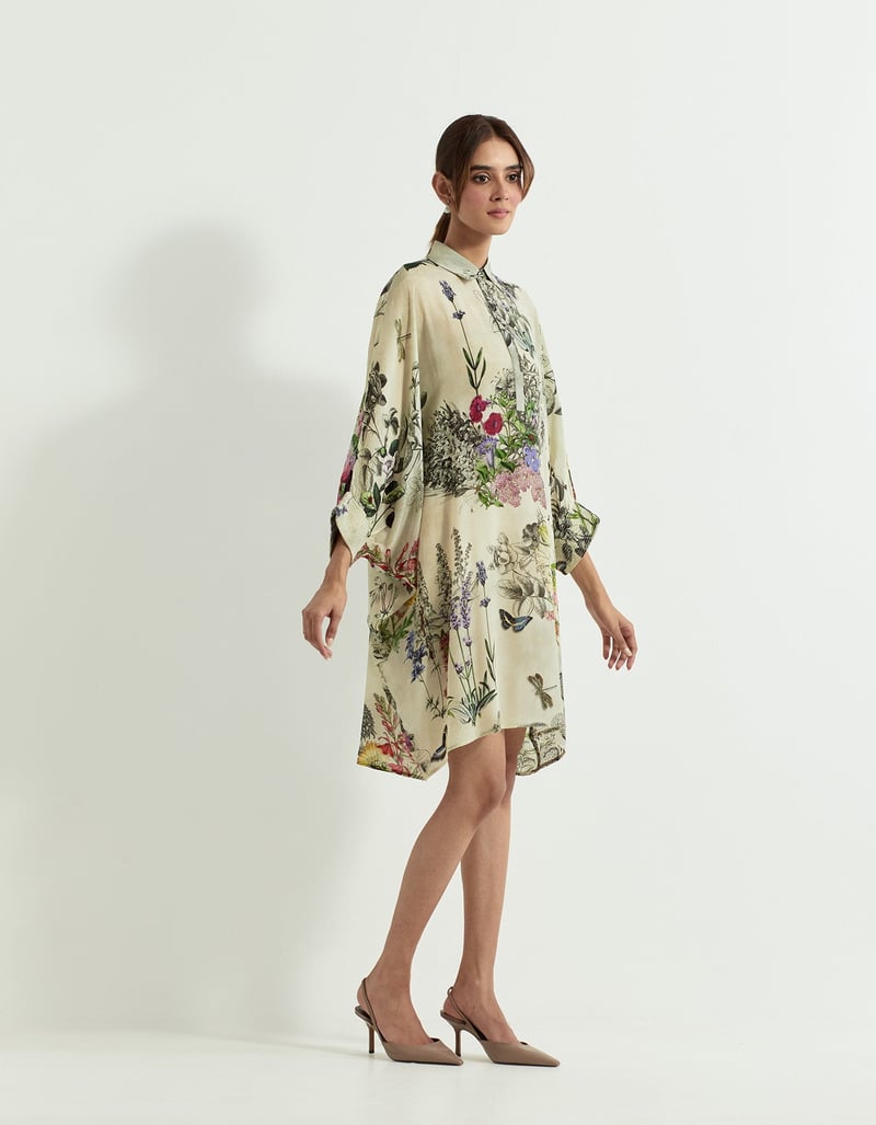 Multicolor Botanical Printed Crepe Kaftan Dress