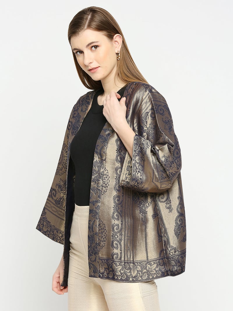 Navy Blue Metallic Brocade Kimono Jacket