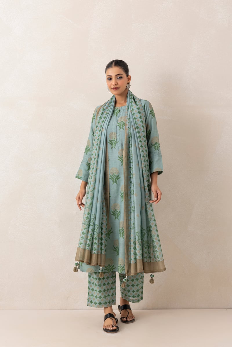 Blue and Beige Floral Print Straight Kurta Set with Dupatta