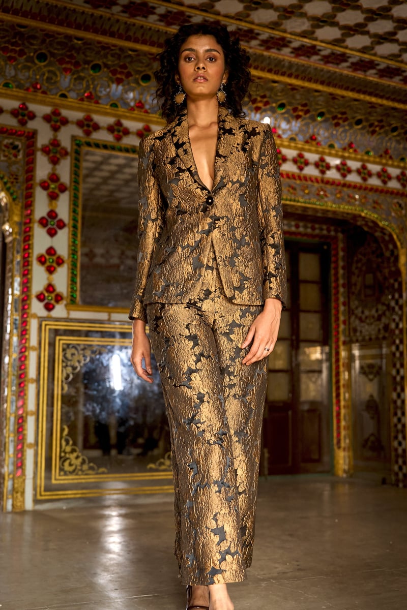 Gold/Black Floral Brocade High-Waist Wide-Leg Trousers