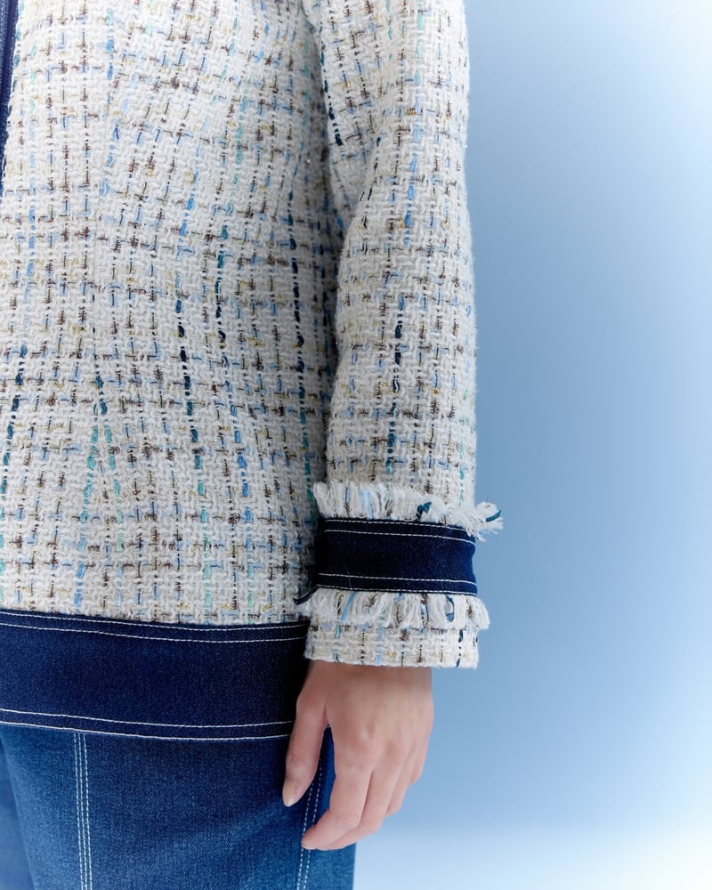 White Tweed and Denim Colorblock Tailored Jacket