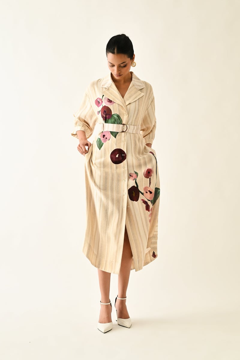 Off White Abstract Print Belted Midi Trench Shirt Dress
