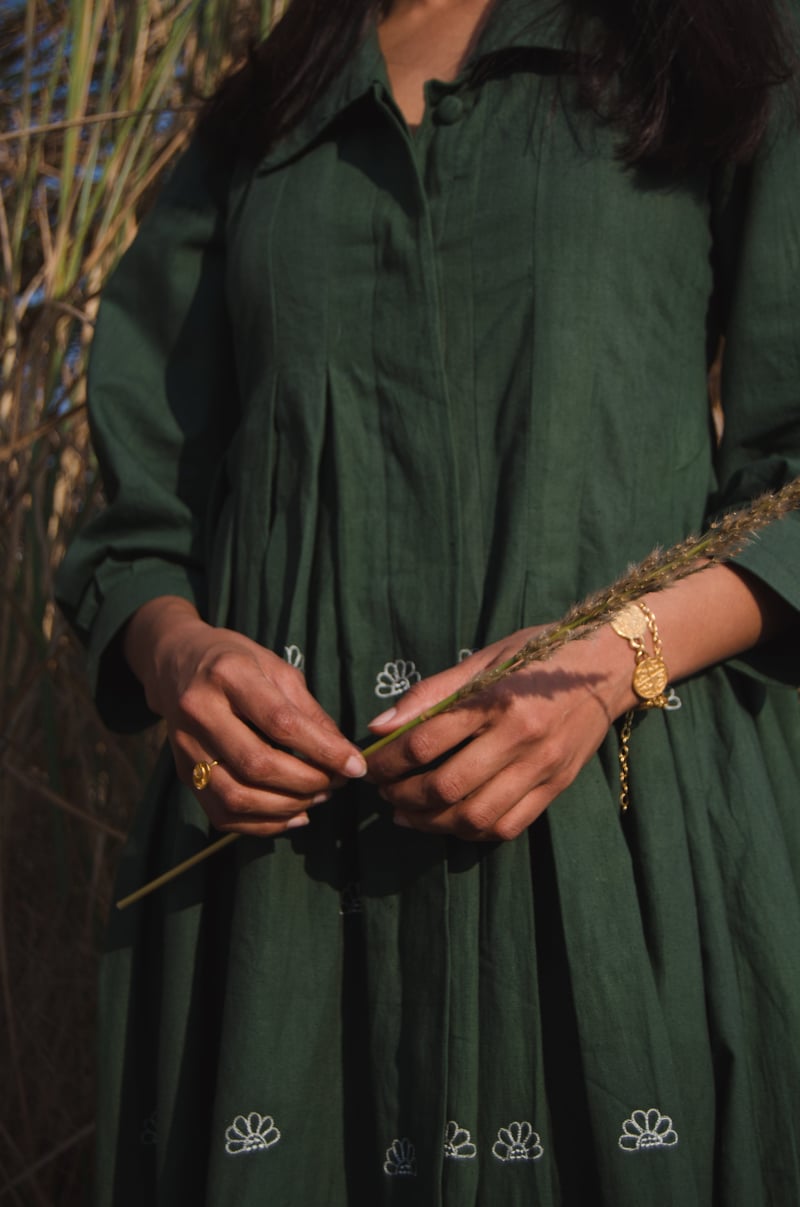Basil Green Pleated Midi Shirt Dress