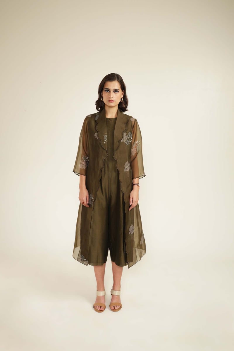 Olive Silk Chanderi Culotte Jumpsuit with Organza Jacket — Arcvsh Pallavi Singh