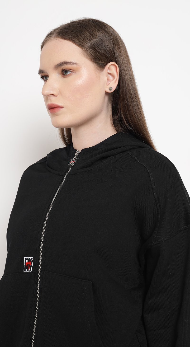 Black Zip-Up Cotton Terry Hoodie