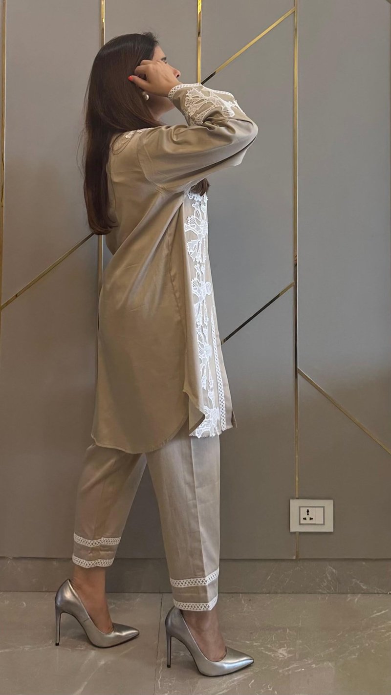 Beige Lace Applique Shirt and Pant Co-ord Set
