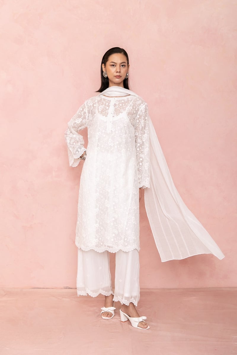 White Organza Tonal Embroidered Kurta Set