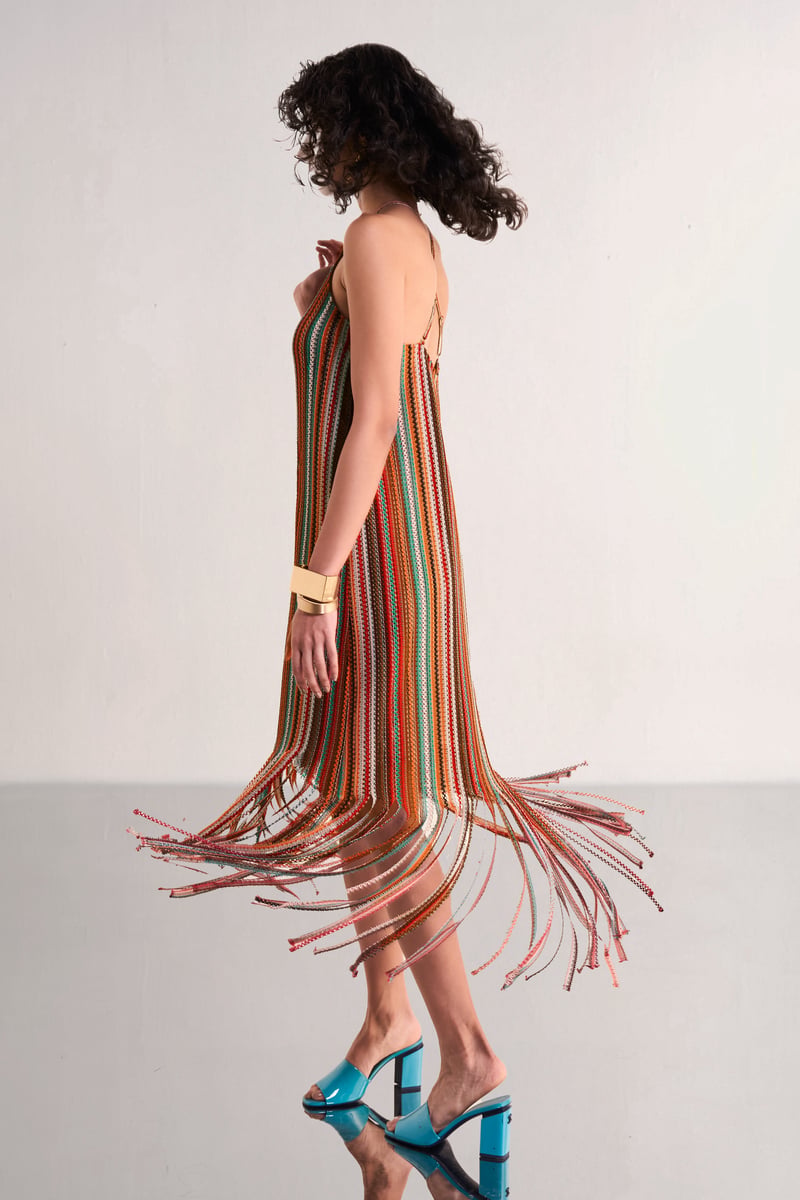 Multicolour Halter Neck Fringe Crochet Knit Midi Dress