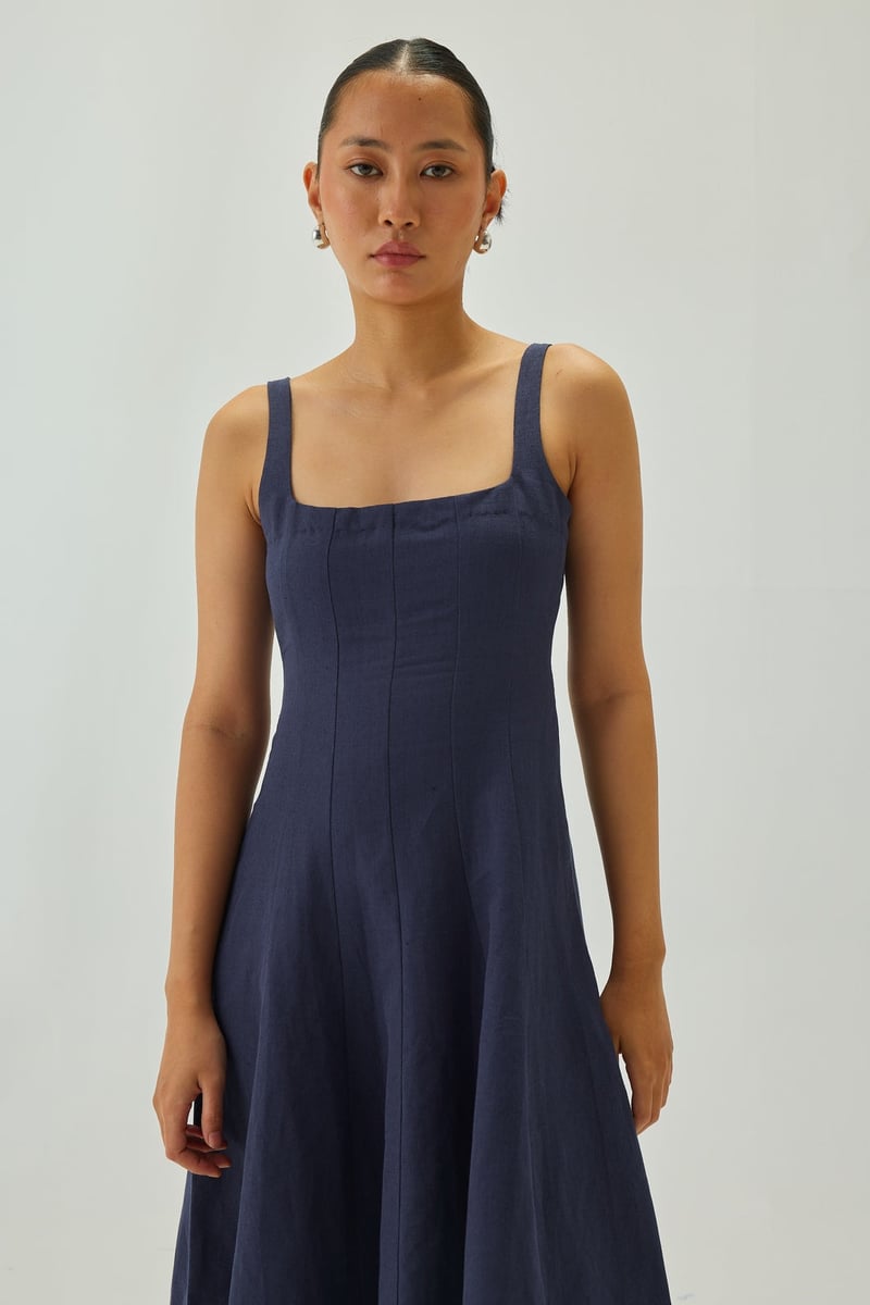Indigo Linen Square-Neck Fit and Flare Midi Dress