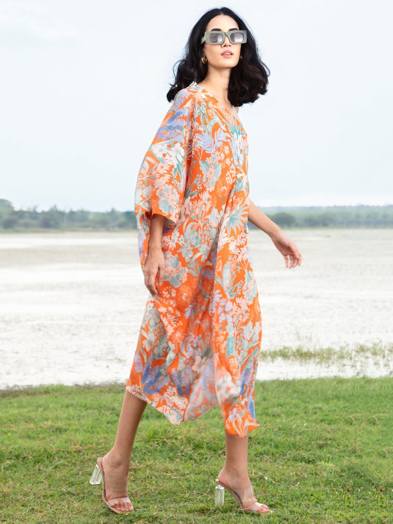 Orange One-Shoulder Floral Kaftan Midi Dress