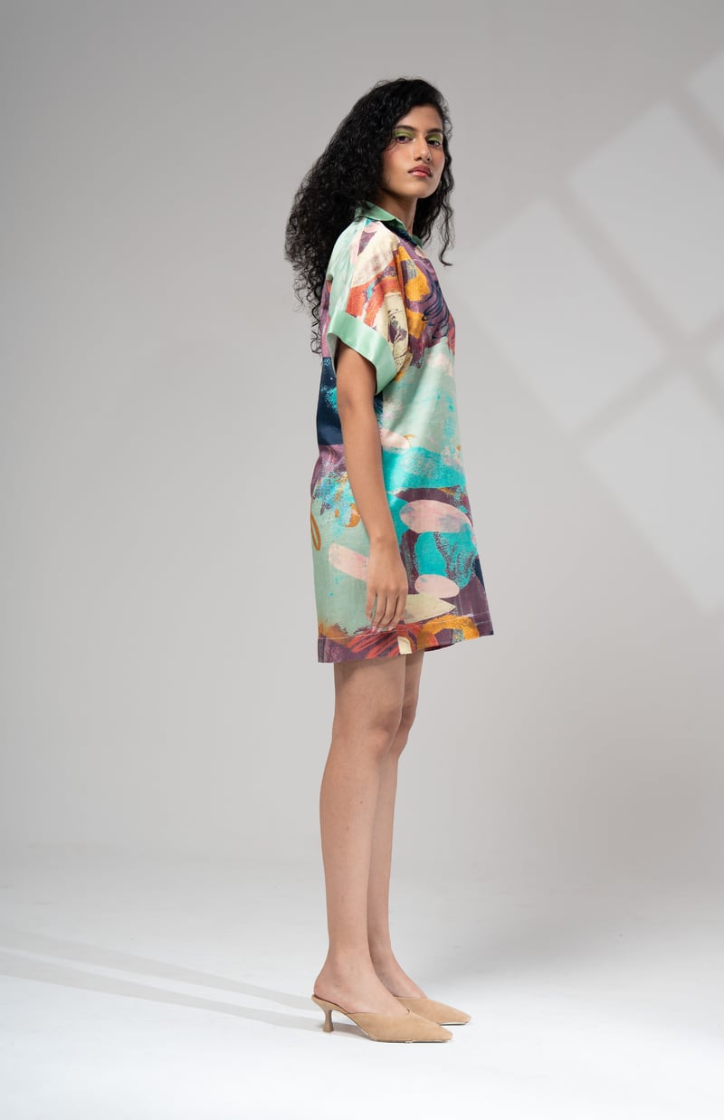 Multicolor Abstract Printed Satin Shift Mini Dress