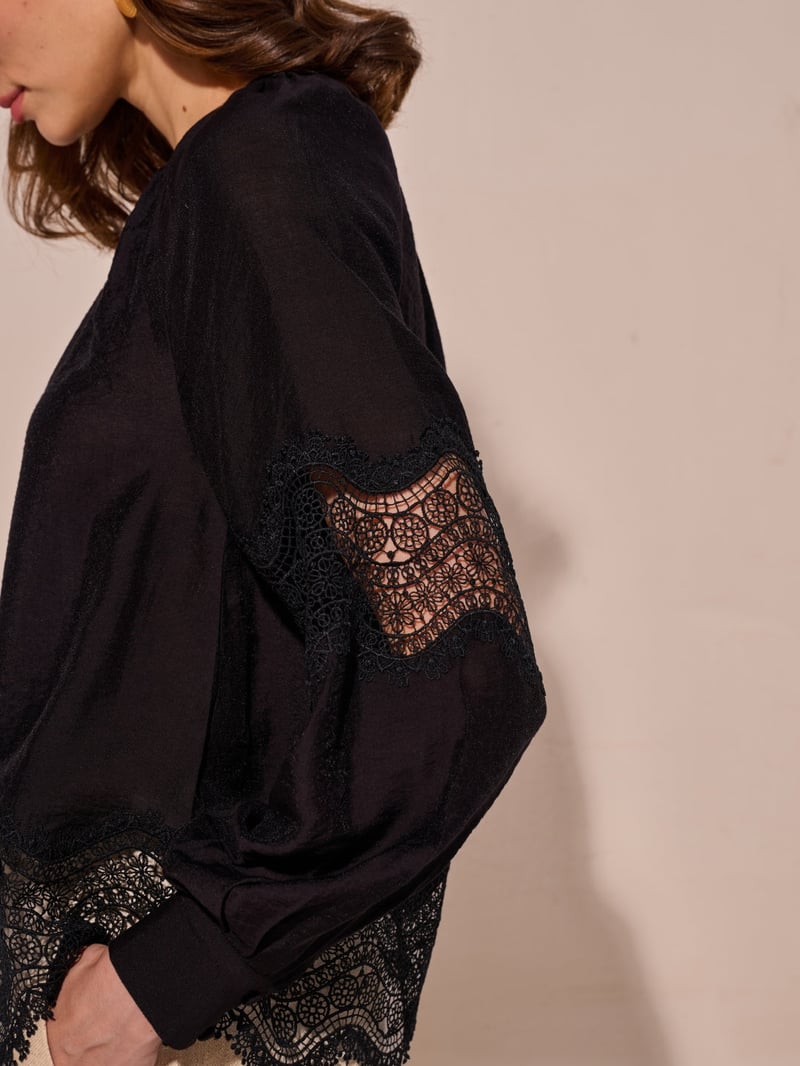 Black Flowy Lace-Detail Top with Full Sleeves