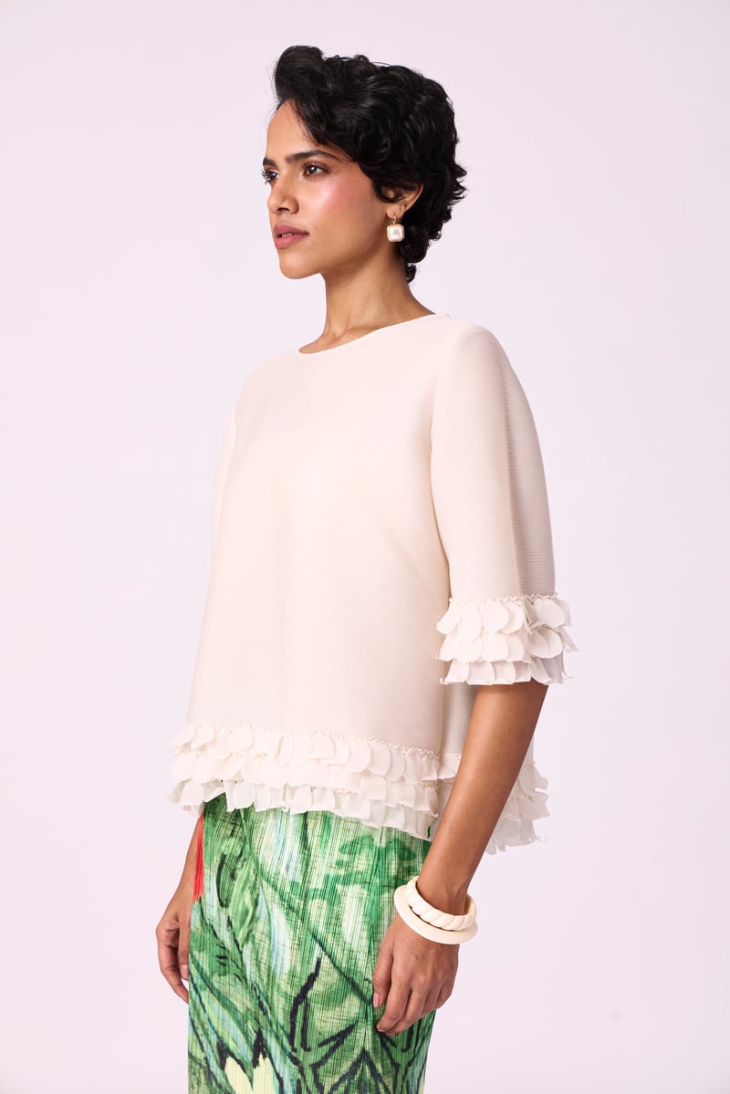 Ivory Pleated A-Line Top with Organza Scallop Hem