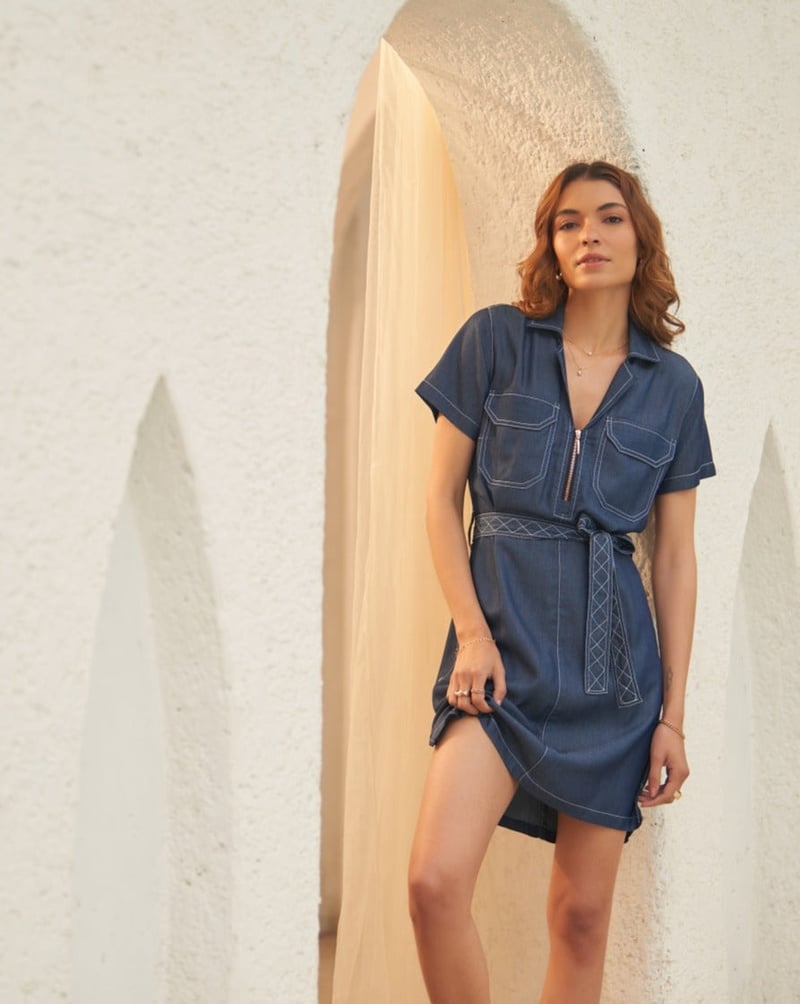Blue Tencel Denim Belted Mini Shirt Dress